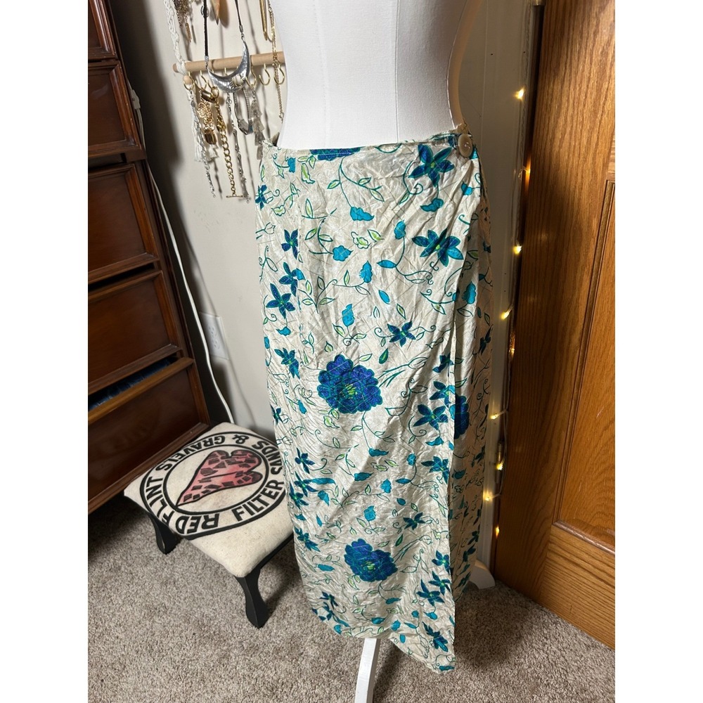 Vintage Womens Blue Green Floral 100% Silk Wrap Maxi Skirt Costal Boho S - Picture 9 of 9